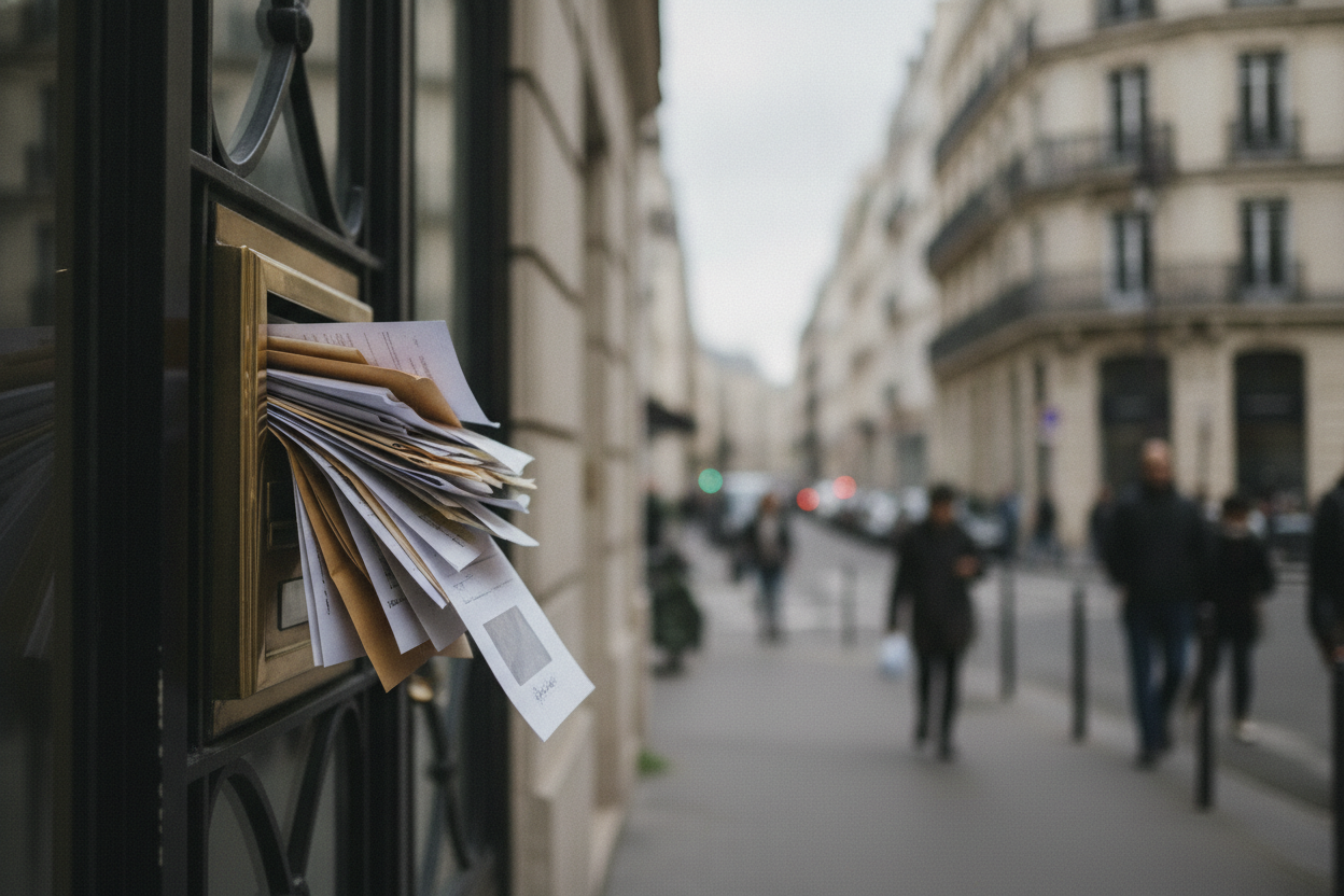 Boîtes aux lettres saturées de dossiers de candidature locative dans un immeuble résidentiel urbain français.