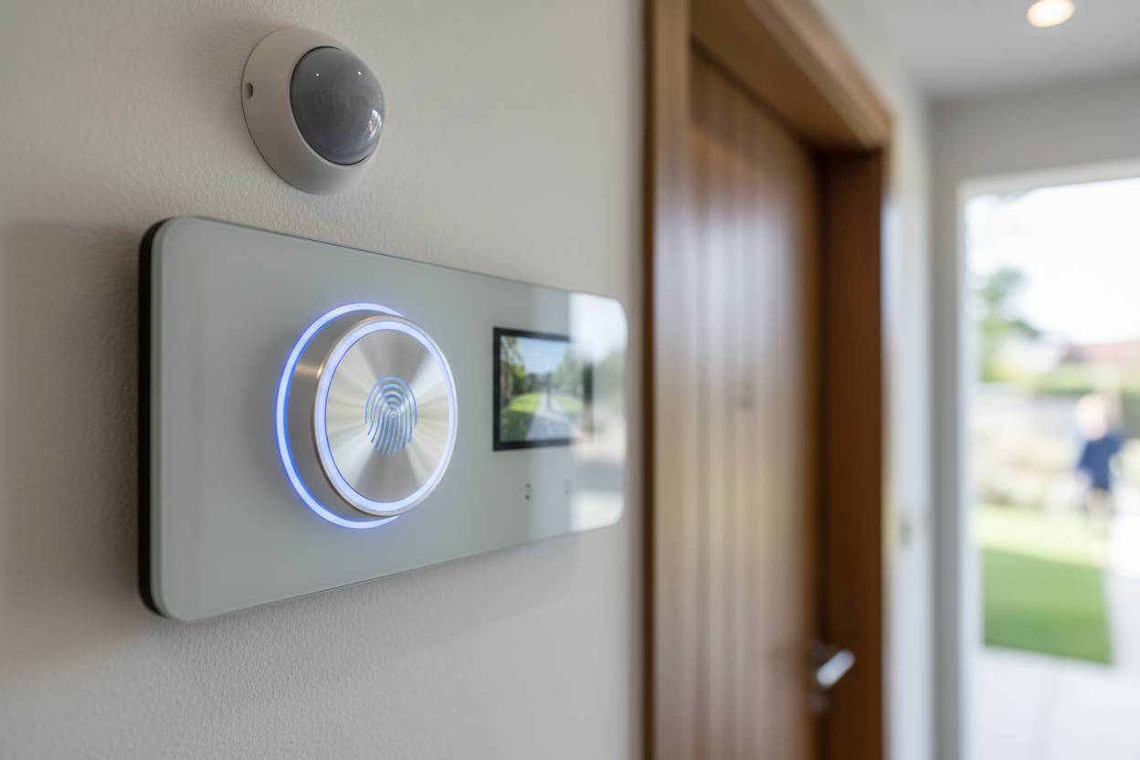 Panneau de sécurité domotique avec scanner biométrique et interphone connecté installé à l'entrée d'une résidence moderne.