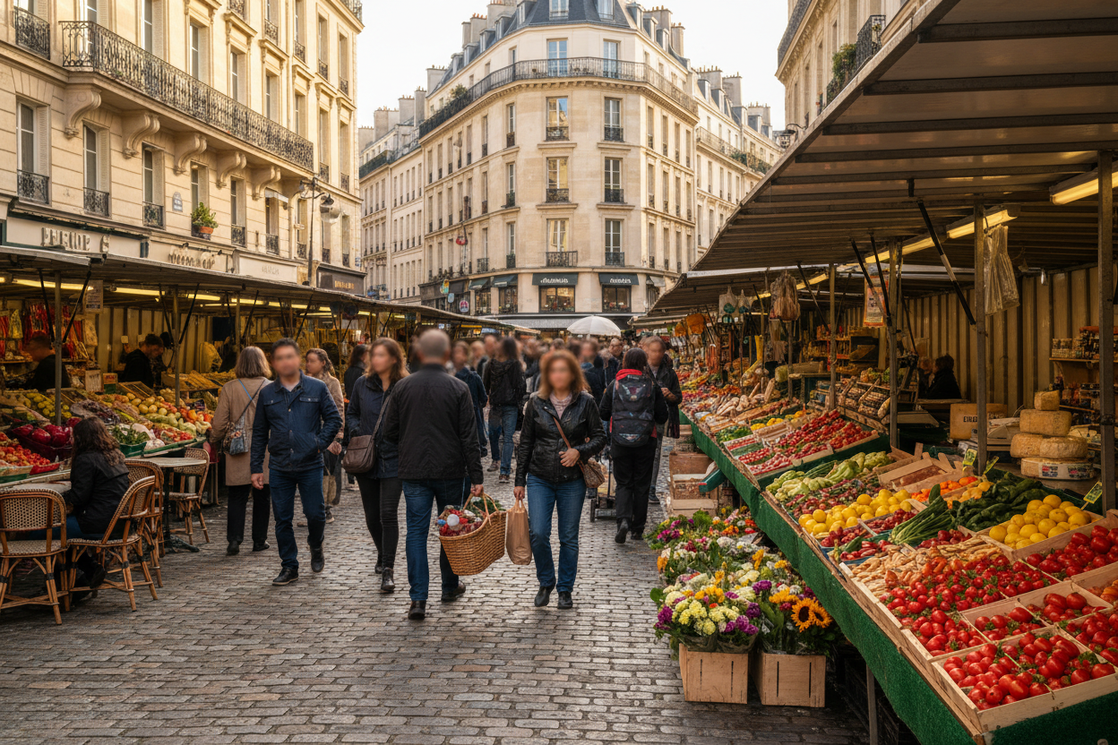 Marché hebdomadaire animé rue du Commerce à Grenelle, avec étals colorés et habitants faisant leurs courses.