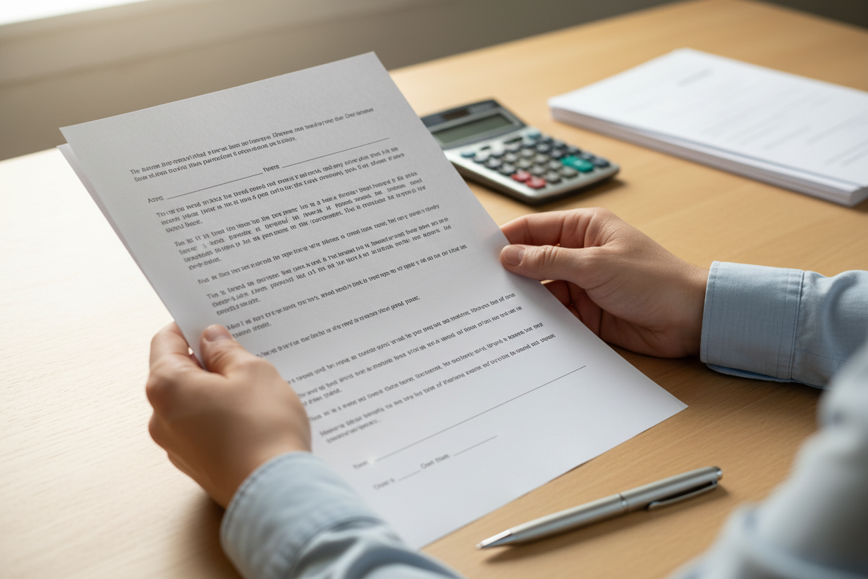 Mains tenant une offre d'achat immobilière écrite sur un bureau, avec un stylo posé à côté.