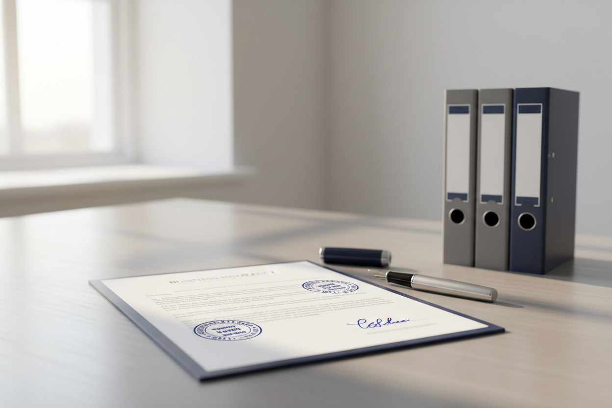 Contrat d'assurance responsabilité civile professionnelle posé sur un bureau d'expert indépendant en bâtiment.