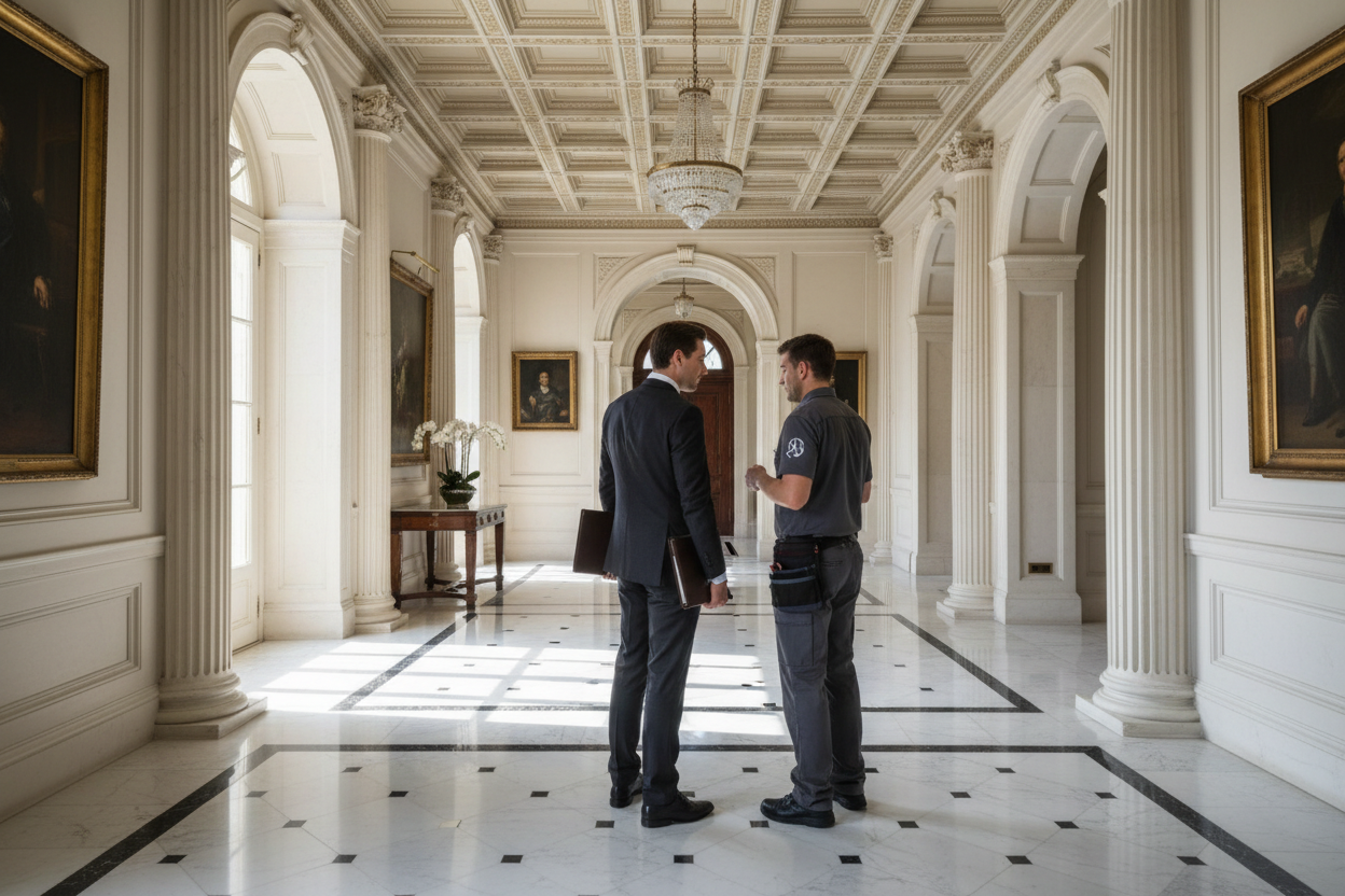 Un gestionnaire de propriété supervise une intervention technique dans le hall d'une résidence de luxe.