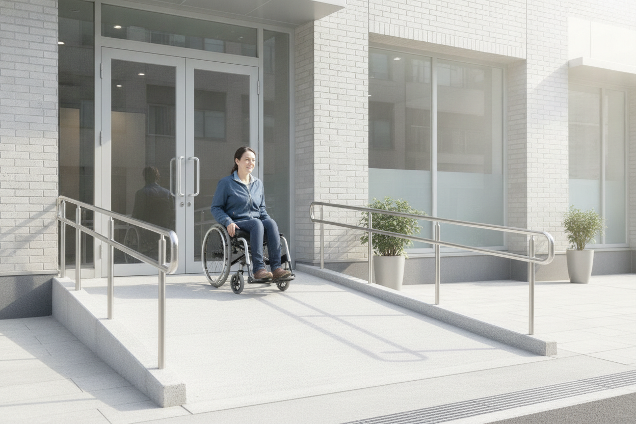 Personne en fauteuil roulant accédant à l'entrée d'un établissement recevant du public via une rampe accessible PMR.