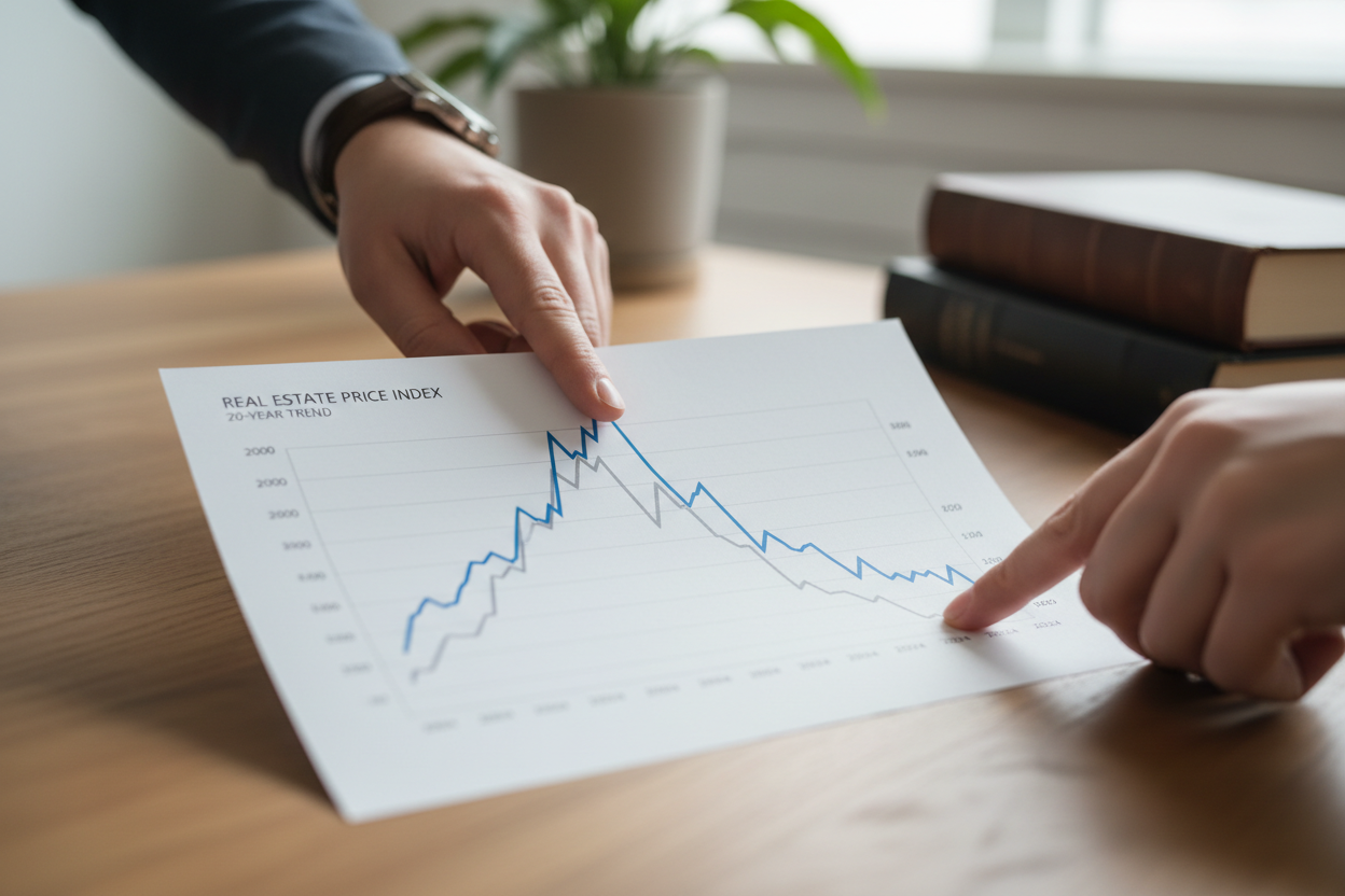 Graphique papier montrant l'évolution des prix immobiliers sur vingt ans avec une inflexion récente à la baisse.