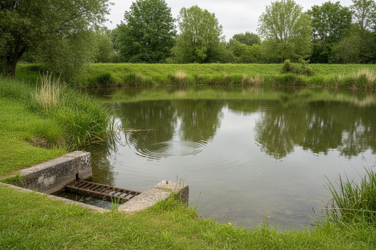 Étang rural dans l'Aisne avec berges herbeuses, digue et dispositif de vidange visible en bord de rive.