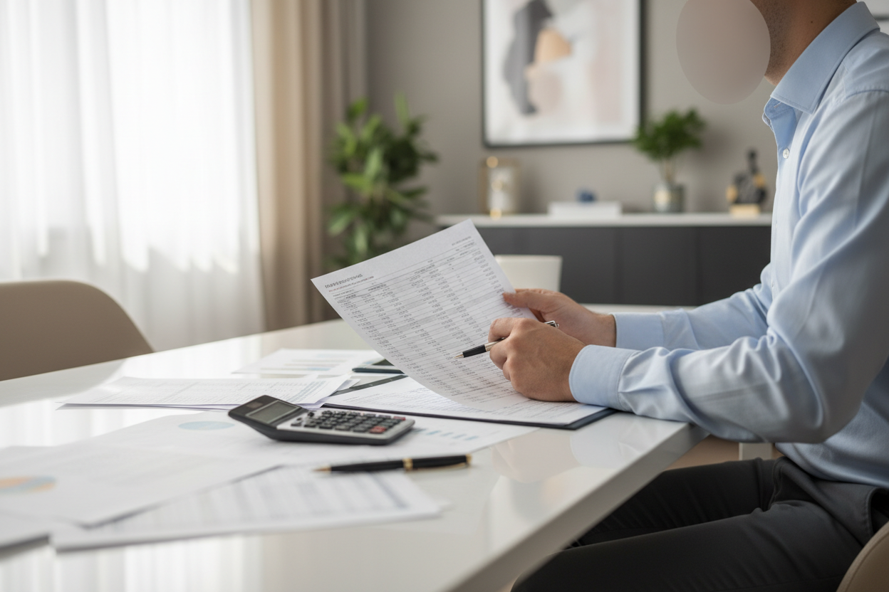 Un conseiller fiscal analyse des documents immobiliers pour optimiser la fiscalité d'une vente selon le profil du vendeur.