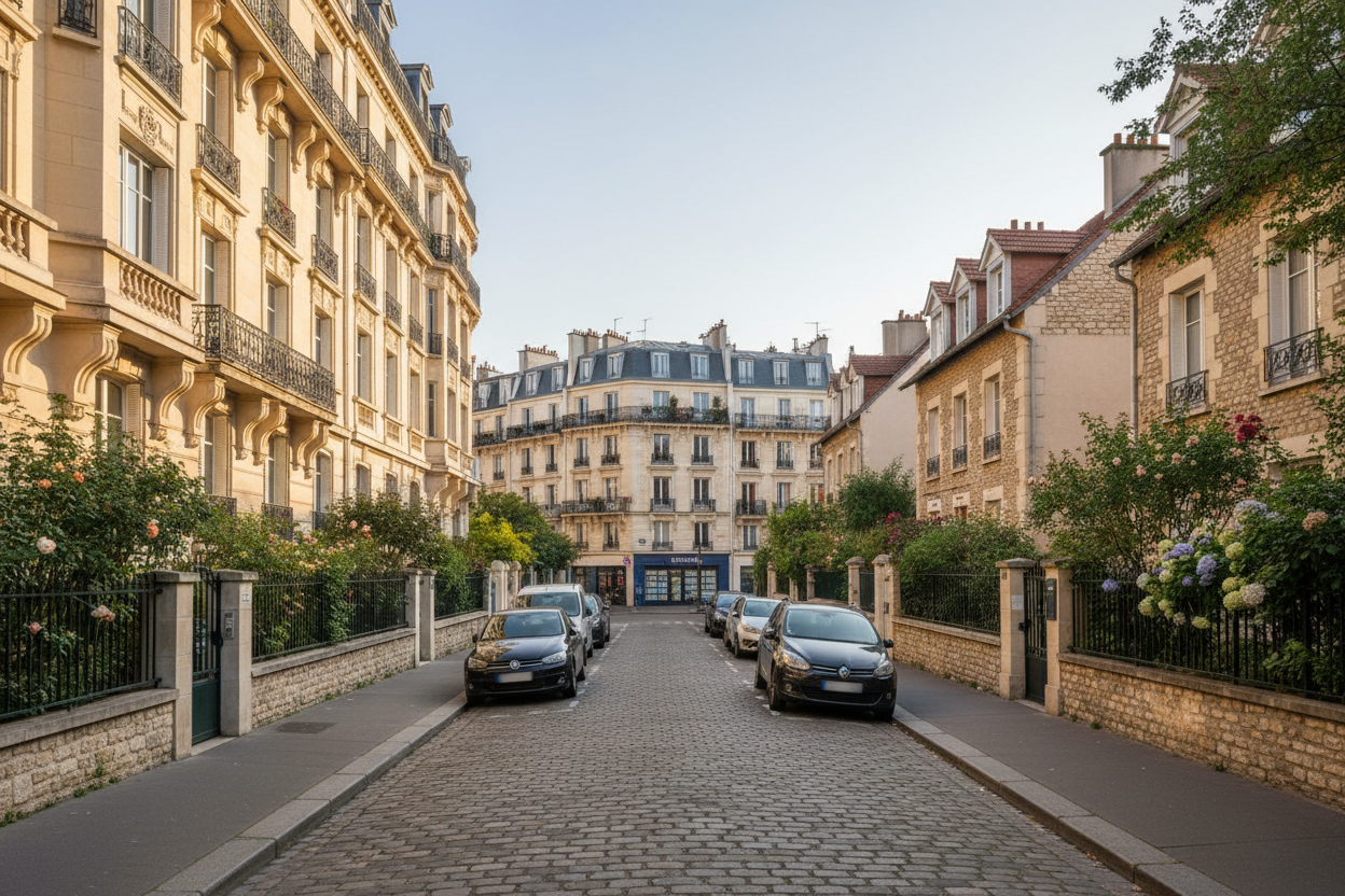 Rue résidentielle de Vanves avec immeubles et maisons illustrant le marché immobilier local et ses prix.