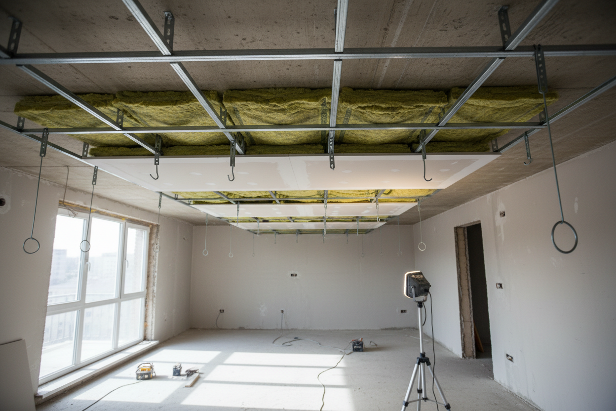Structure métallique de faux plafond suspendu avec suspentes antivibratiles et laine de roche visible entre les deux niveaux.