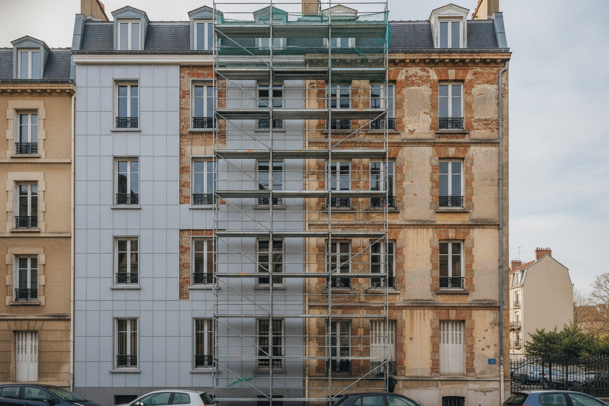 Façade d'immeuble en copropriété avec isolation thermique extérieure partiellement posée sur échafaudage.