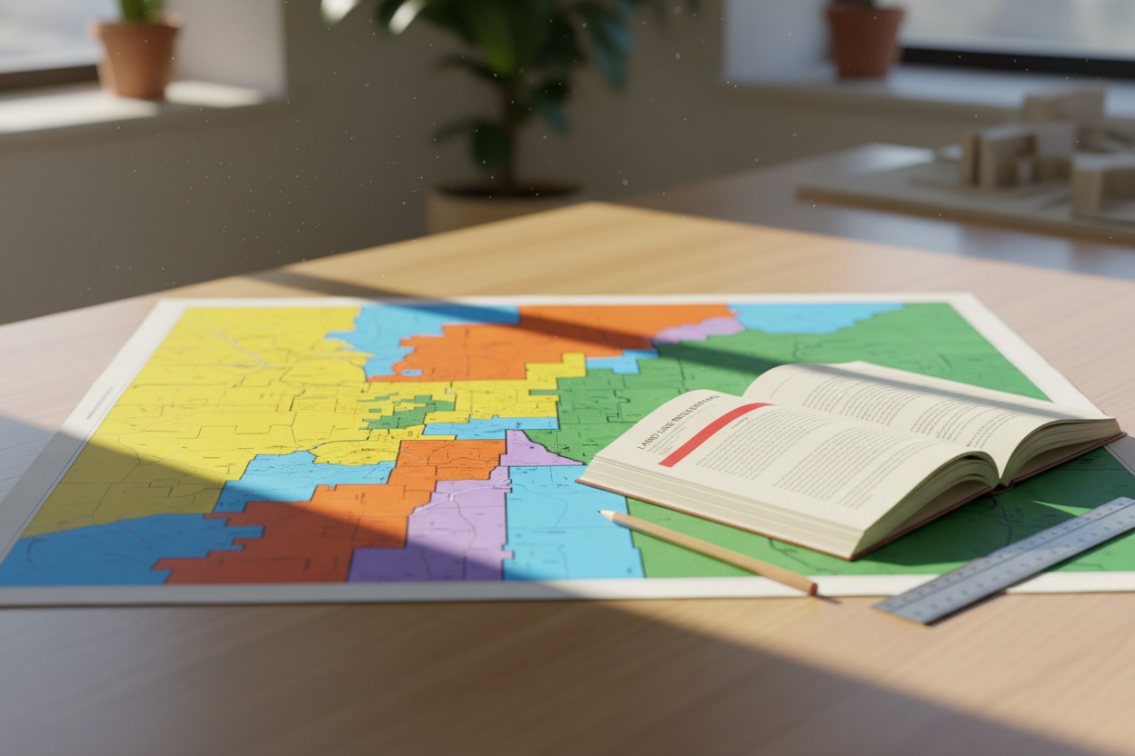 Document de PLU ouvert sur une carte de zonage colorée, posé sur un bureau en bois à la lumière naturelle.