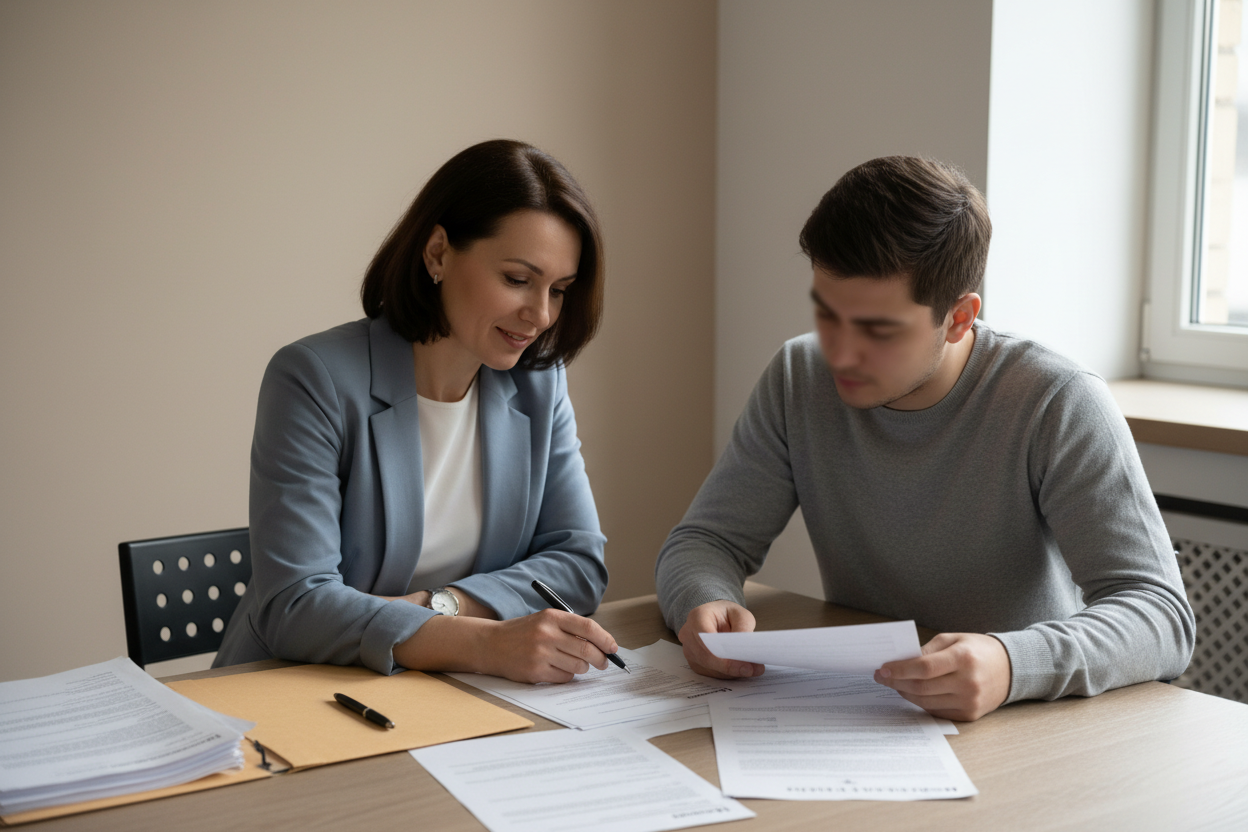 Un conseiller social aide une personne à constituer son dossier de demande de logement prioritaire avec des documents.