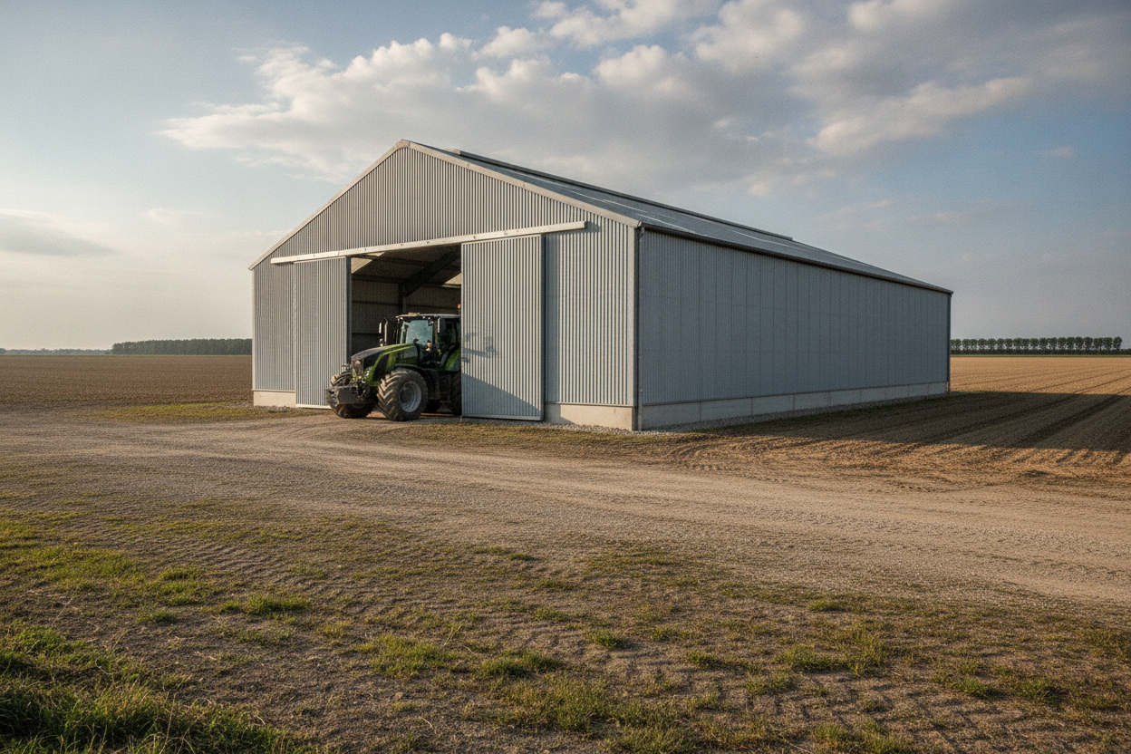 Hangar agricole métallique en zone rurale abritant du matériel agricole, entouré de champs cultivés à perte de vue.