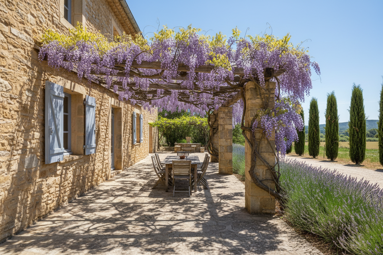Pergola ombragée en glycine et murs épais en pierre d'une bastide provençale offrant une protection thermique naturelle en été.