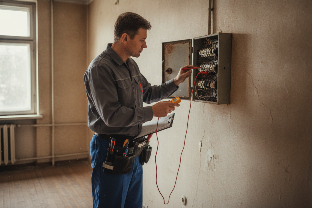 Technicien inspectant un tableau électrique vétuste dans un logement indécent nécessitant une mise aux normes.