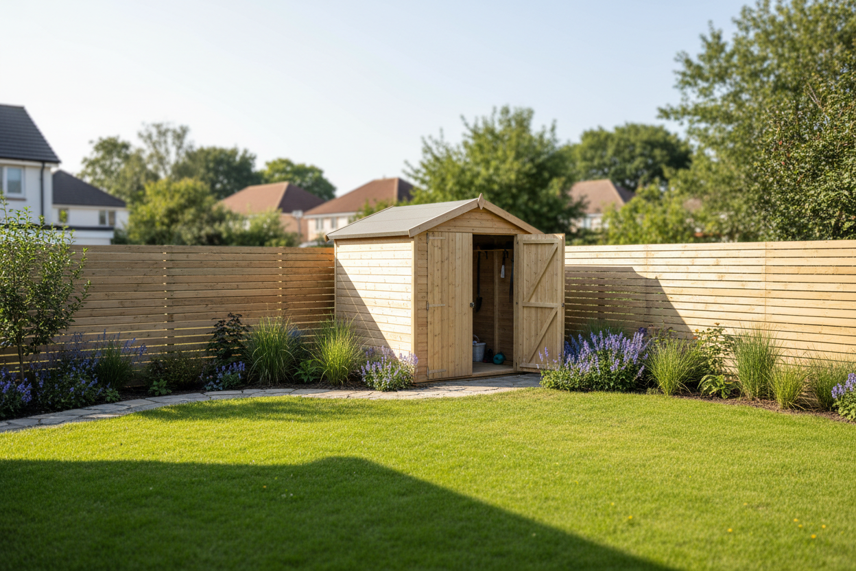 Petit abri de jardin en bois et clôture dans un jardin résidentiel, travaux dispensés de recours à un architecte.