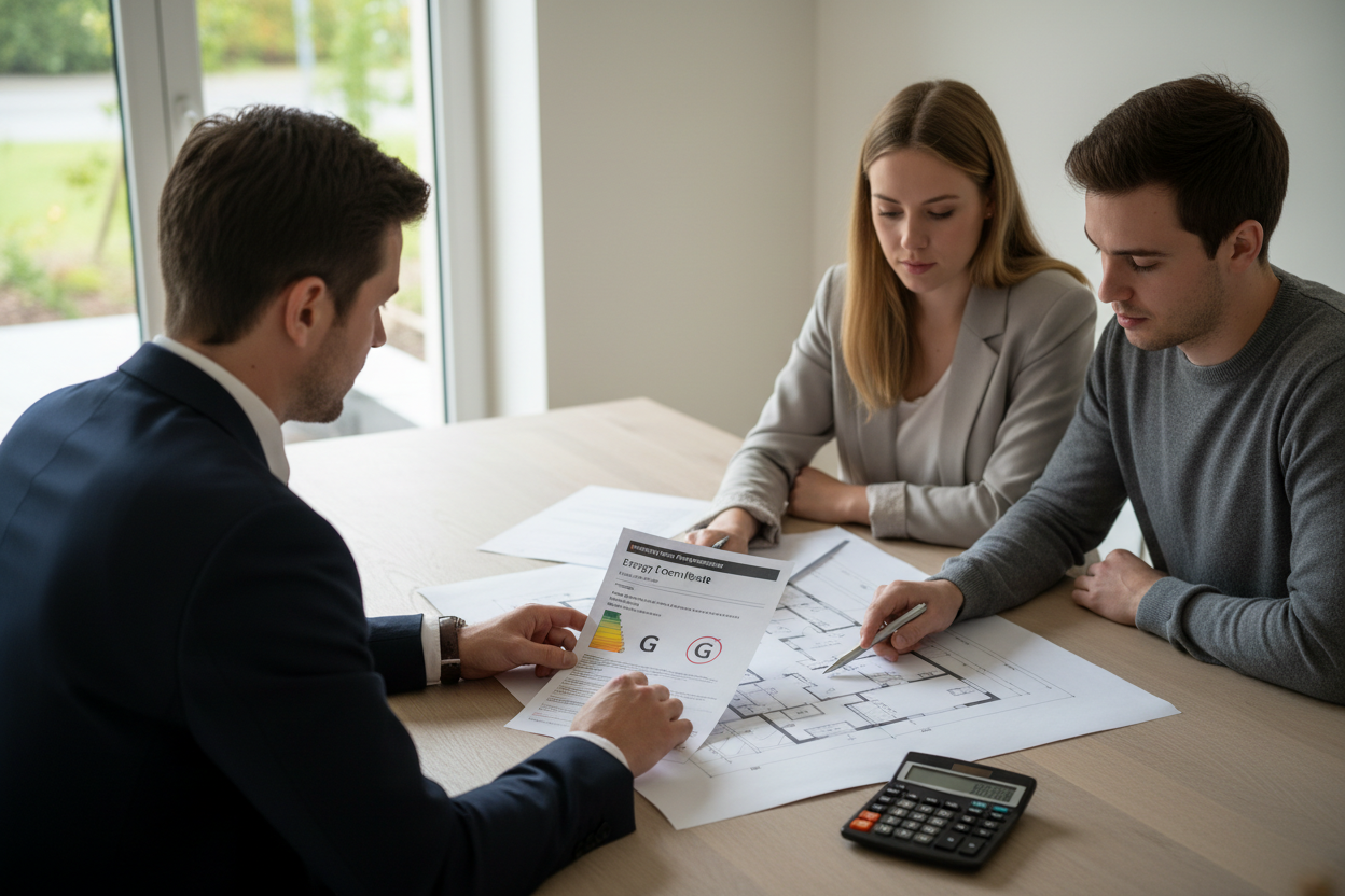 Un couple examine les documents d'achat d'un logement énergivore avec un conseiller immobilier autour d'une table.