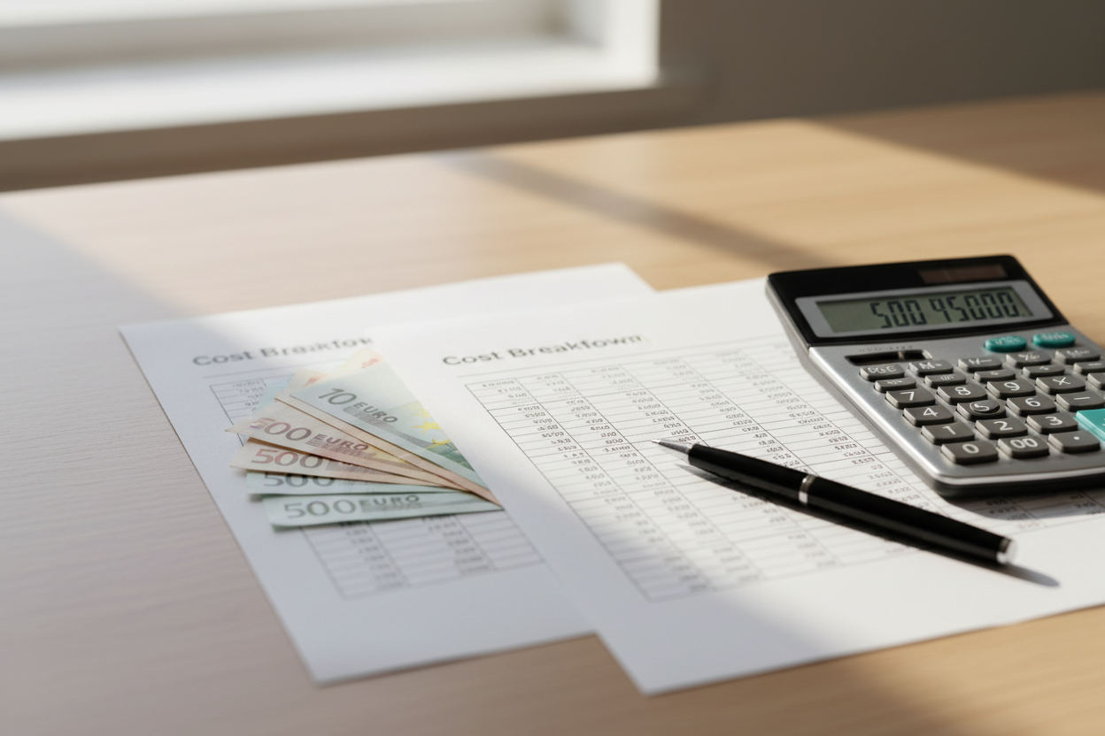 Documents financiers sur une table illustrant le calcul du reste à charge après aides pour une pompe à chaleur.