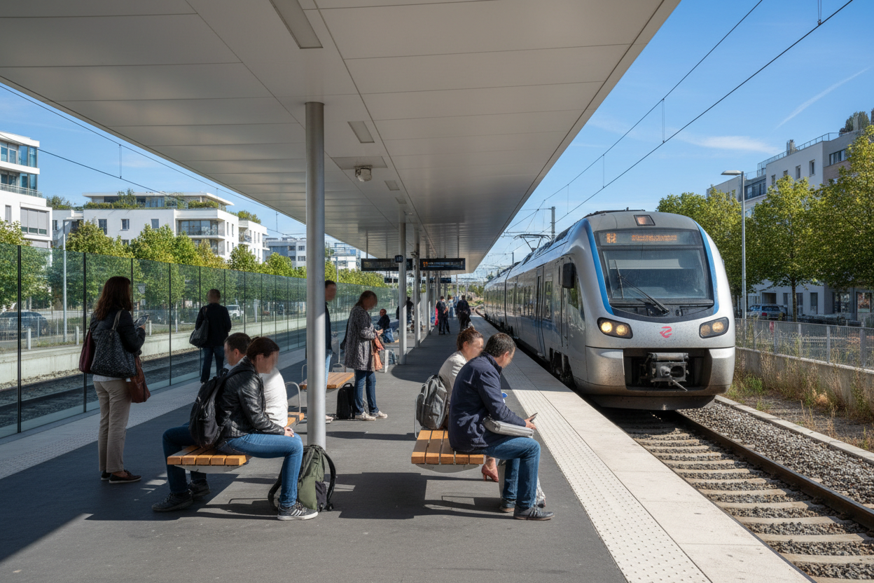 Voyageurs sur le quai d'une gare de banlieue parisienne, avec un train régional entrant en gare.