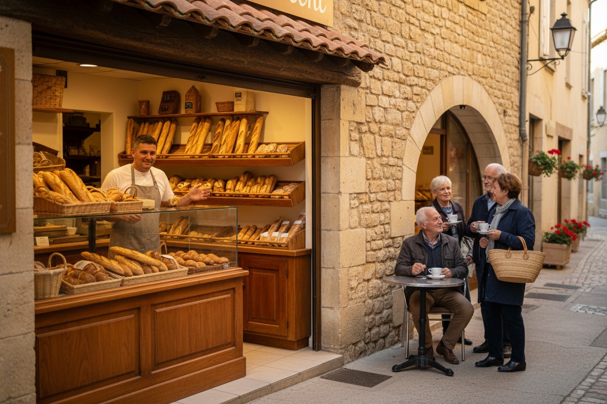 Boulangerie artisanale de village avec ses pains frais, symbole des commerces de proximité pour les familles.