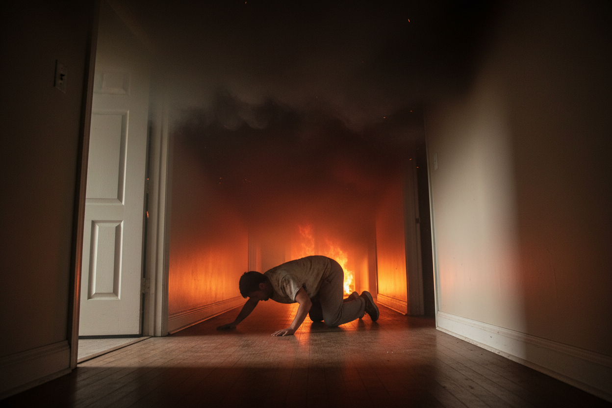 Une personne rampe au sol dans un couloir enfumé pour éviter les fumées toxiques lors d'un incendie domestique.