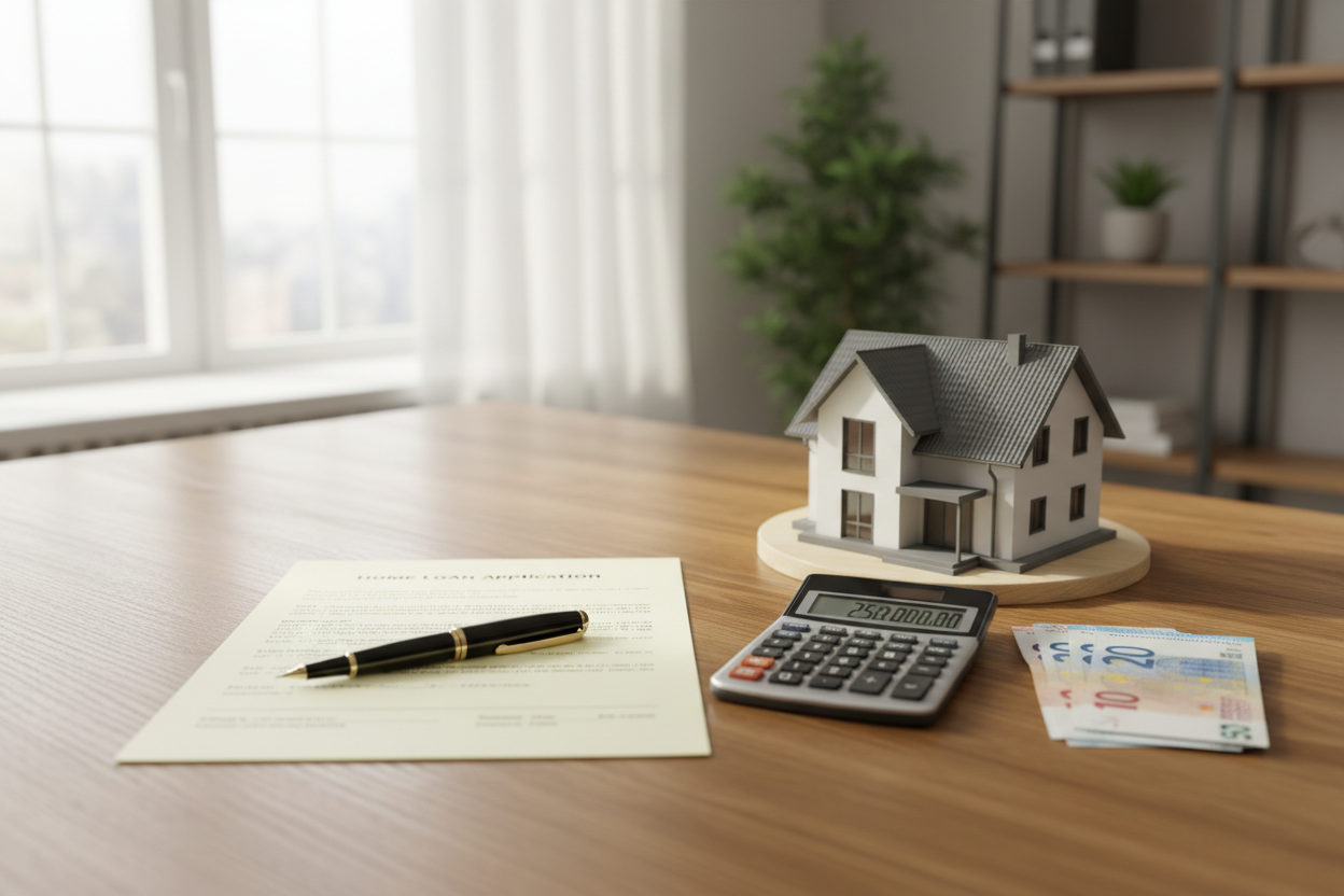 Dossier de financement immobilier posé sur un bureau avec une maquette de maison et une calculatrice.