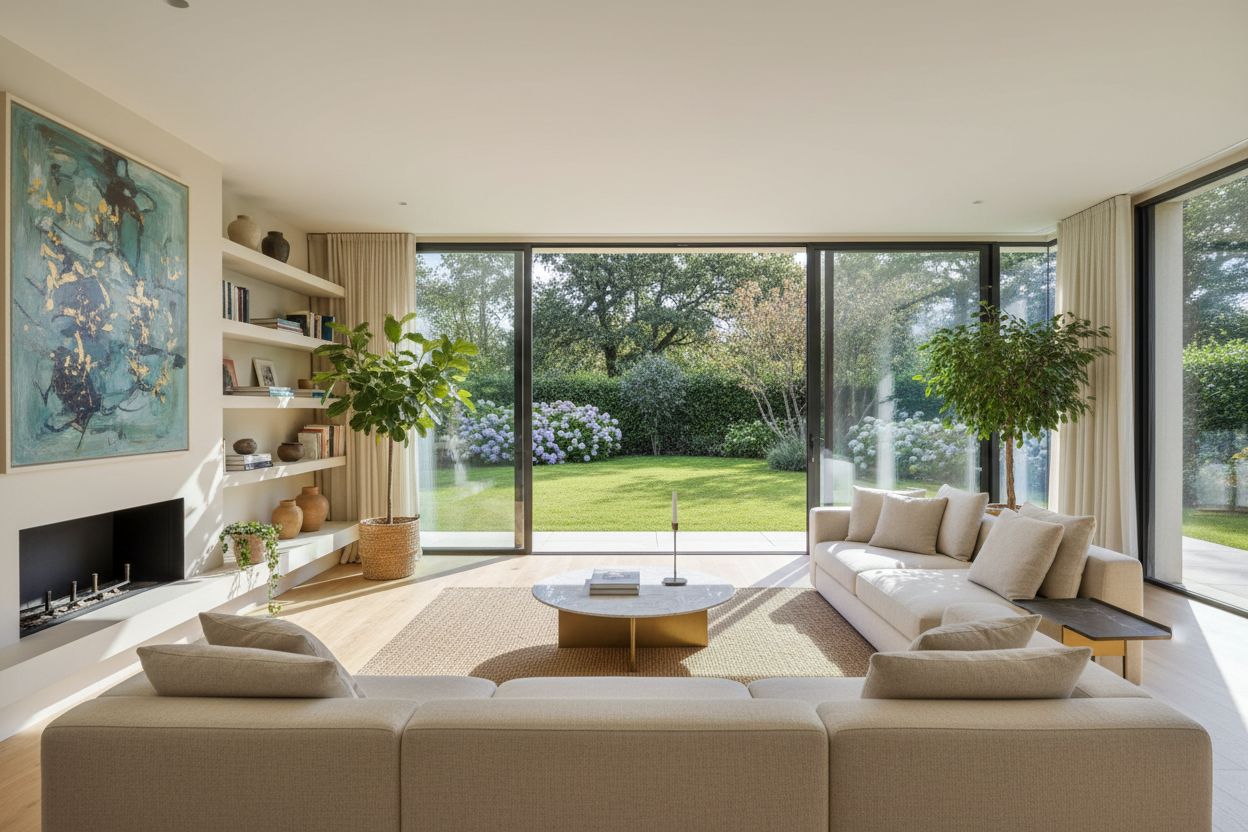 Salon lumineux exposé plein sud avec vue sur grand jardin, illustrant les critères de valorisation immobilière à Betton.