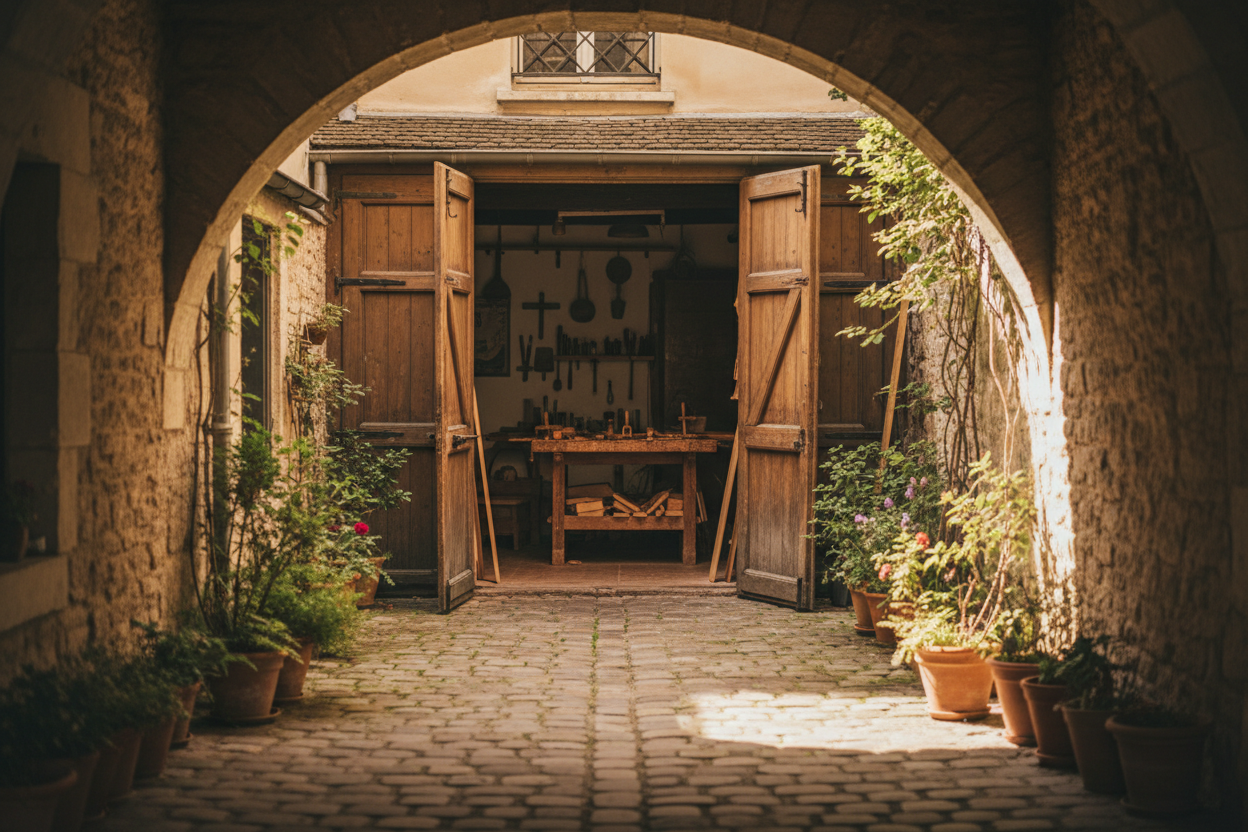 Cour pavée parisienne abritant des ateliers d'artisans, typique du quartier Daguerre dans le 14e arrondissement.