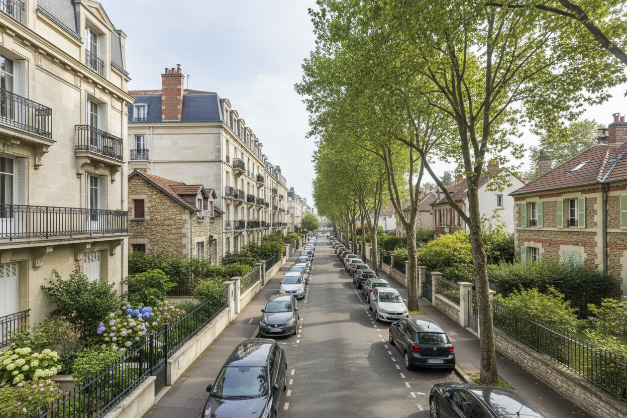 Rue résidentielle de Vanves mêlant immeubles d'appartements et maisons avec jardins, illustrant le marché immobilier local.