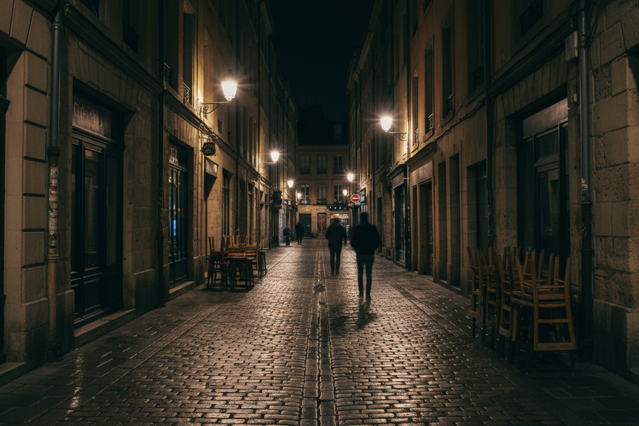 Rue du centre-ville de Toulouse la nuit, faiblement éclairée, avec des passants anonymes longeant des facades en briques roses.