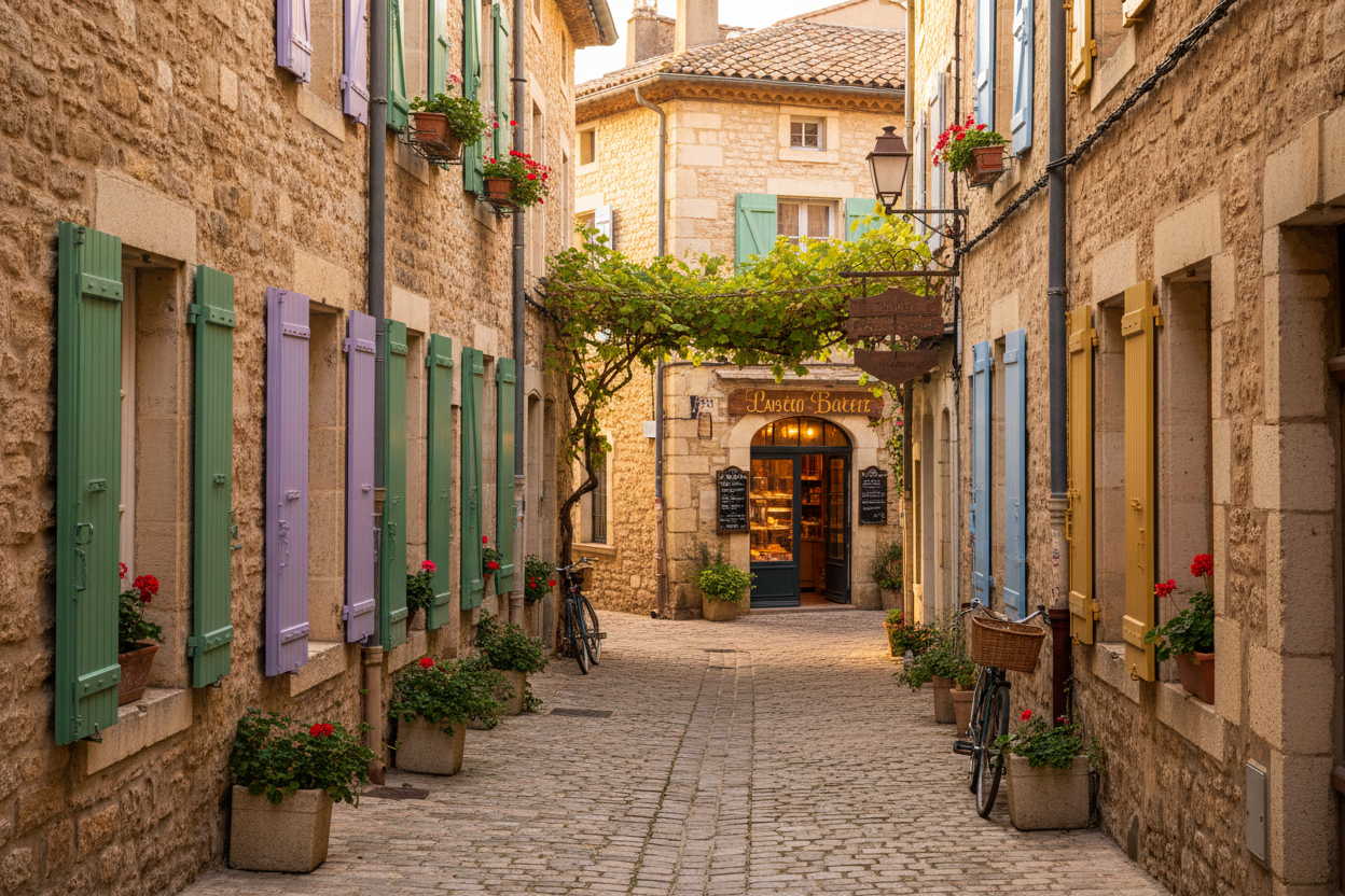Rue résidentielle calme et ensoleillée du centre historique d'Avignon, avec façades en pierre et volets colorés.