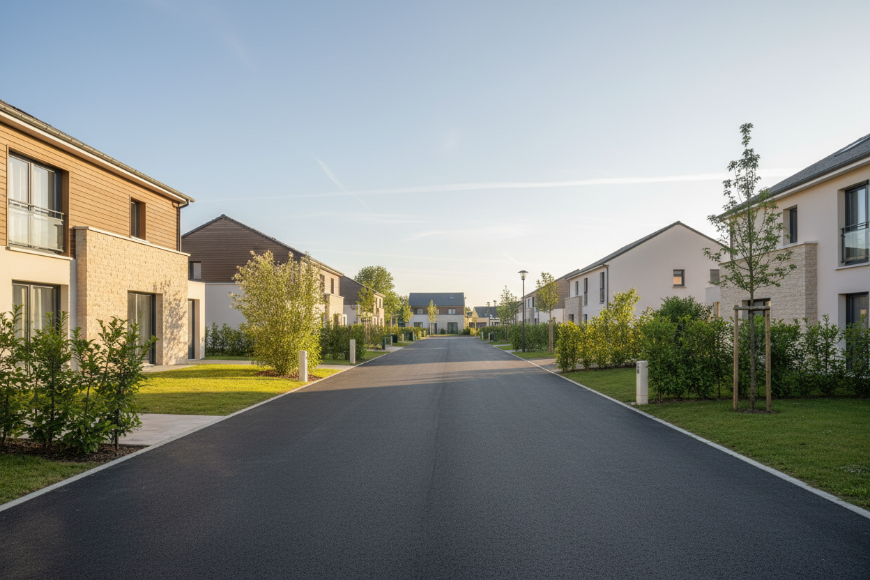 Quartier résidentiel calme et moderne de Meyzieu avec maisons individuelles et espaces verts aménagés.