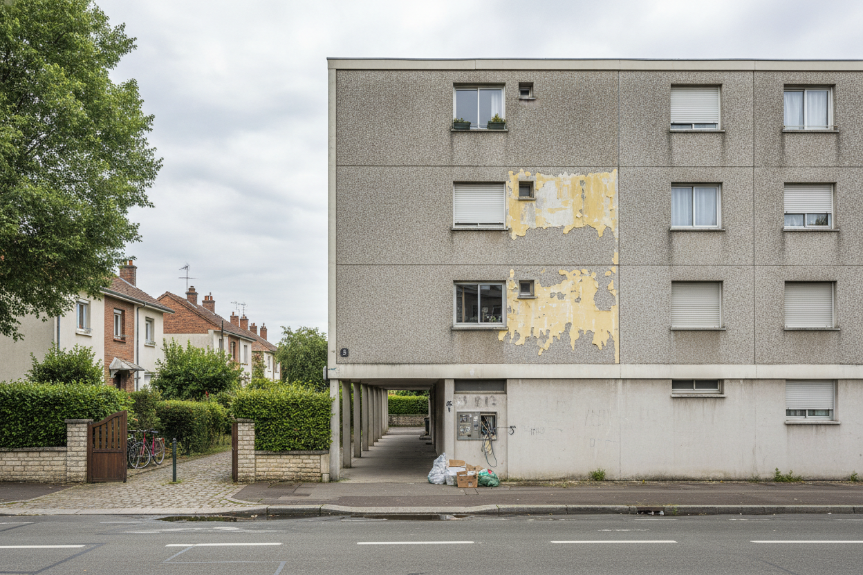 Contraste entre maisons pavillonnaires calmes et immeuble HLM dégradé dans un quartier urbain français.