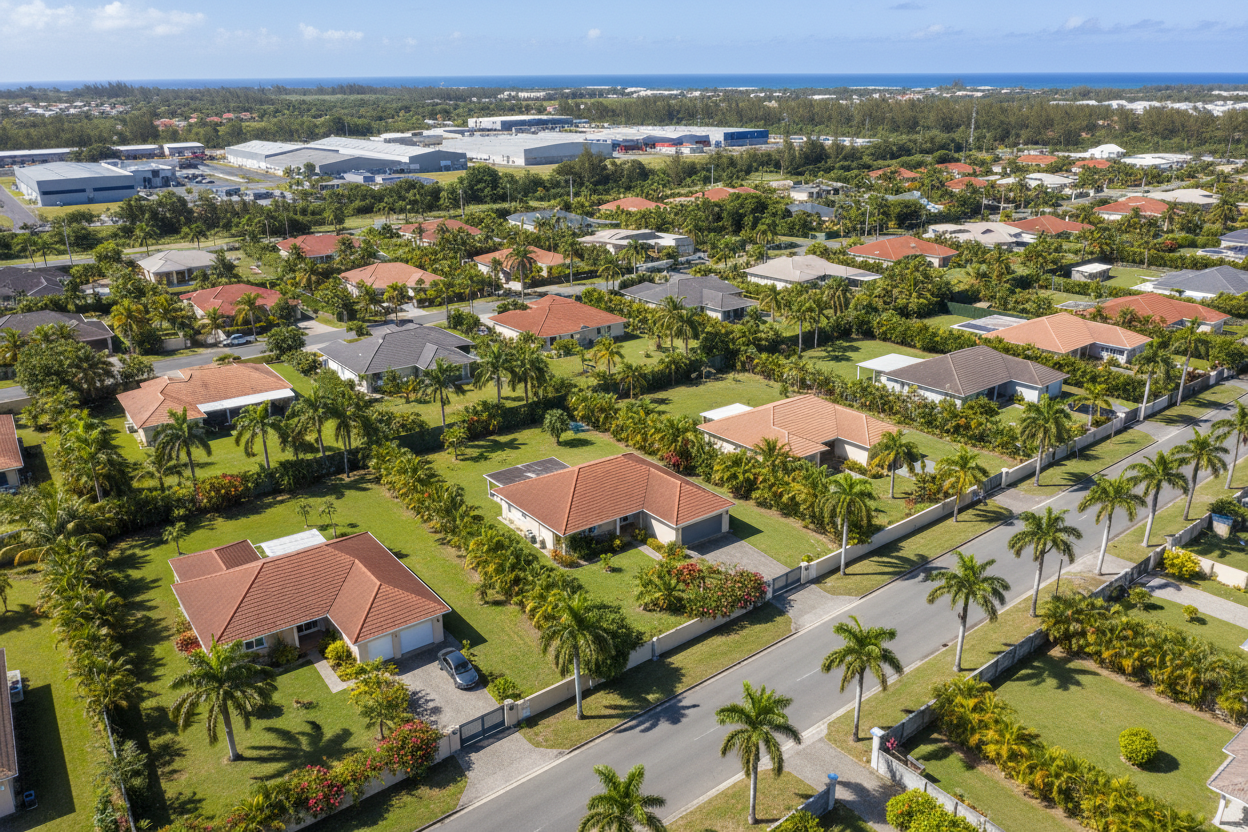 Vue aérienne d'un lotissement résidentiel familial moderne à Baie-Mahault, en Guadeloupe, avec maisons spacieuses et jardins tropicaux.