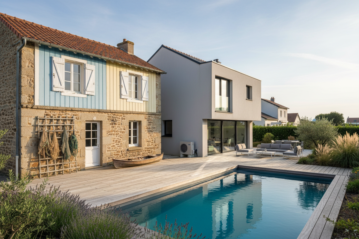 Maison de pêcheur traditionnelle aux façades colorées et villa contemporaine avec piscine et terrasse aux Sables-d'Olonne.