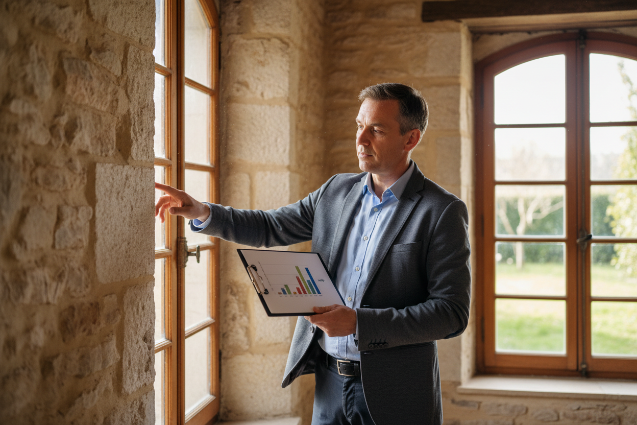 Un diagnostiqueur énergétique évalue la performance thermique d'une maison ancienne en Saône-et-Loire.