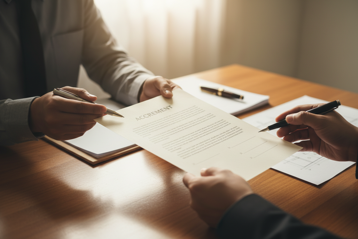 Deux personnes signent une offre d'achat immobilier autour d'un bureau professionnel et bien éclairé.
