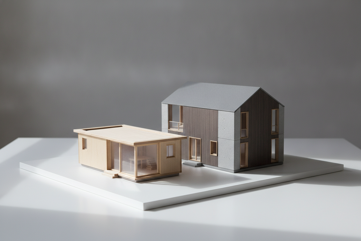 Comparaison entre une maison de plain-pied et une maison à étage au design compact et rectangulaire.