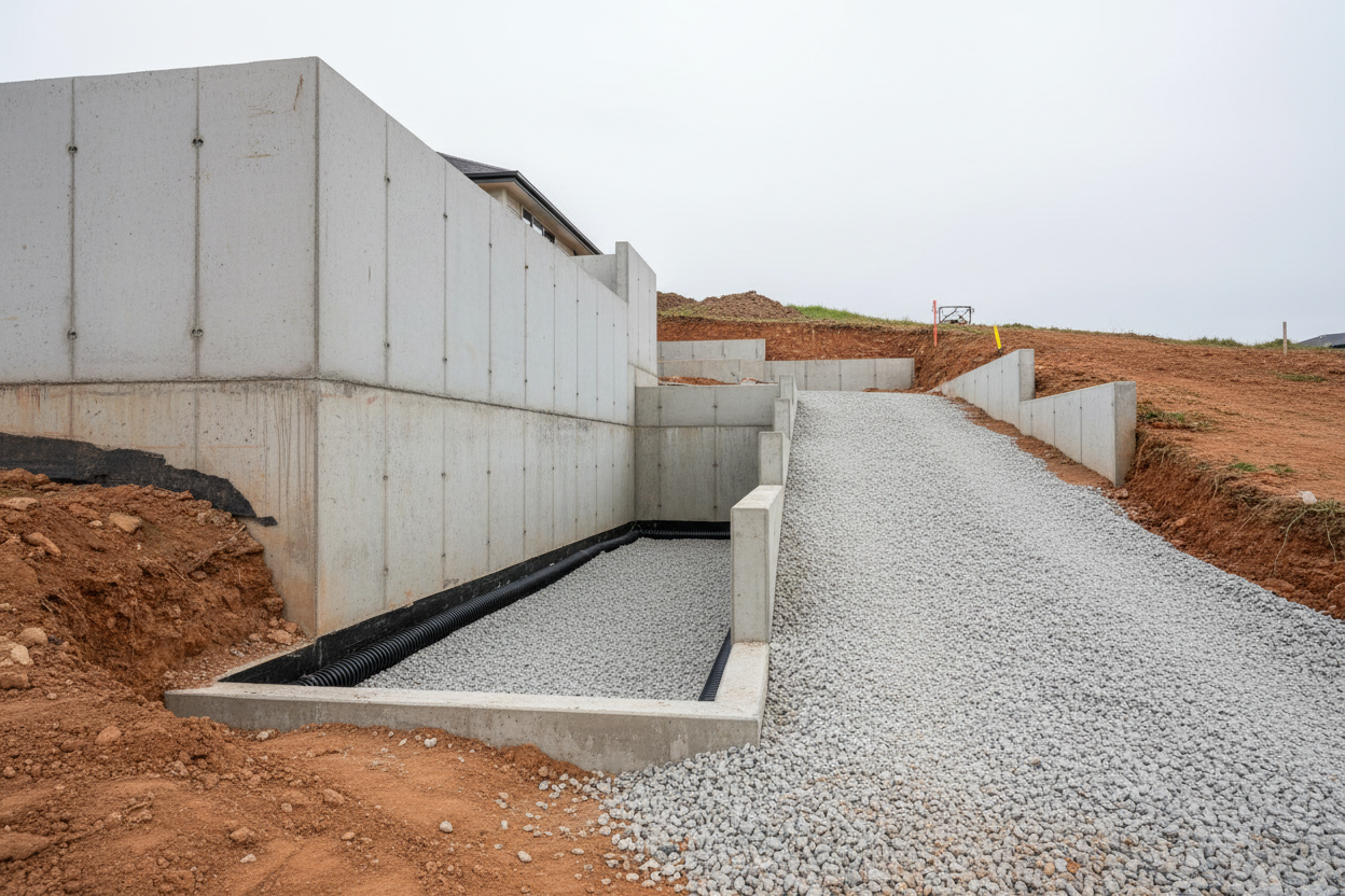 Chantier en pente avec caniveau de drainage périphérique en béton et rampe d'accès carrossable en gravier.