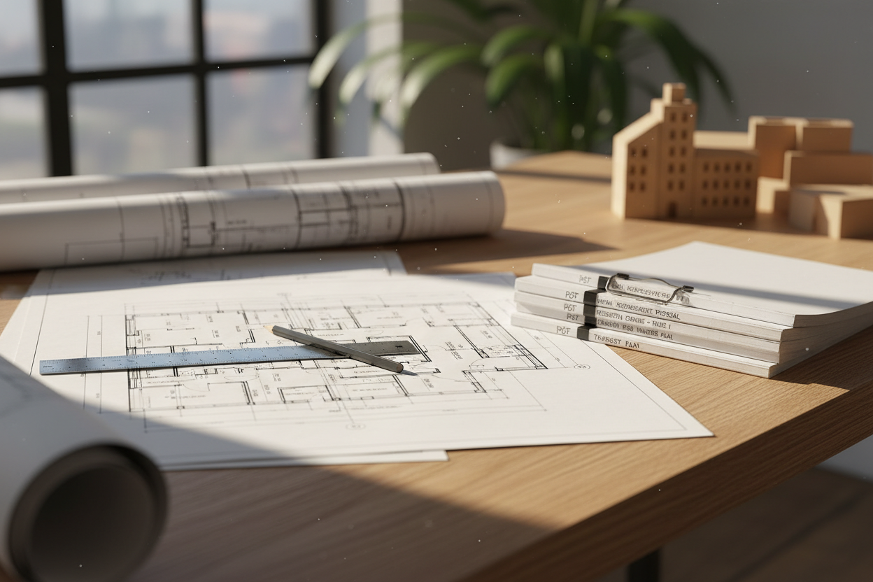 Bureau ordonné avec plans architecturaux imprimés et documents graphiques pour constituer un dossier de déclaration préalable.
