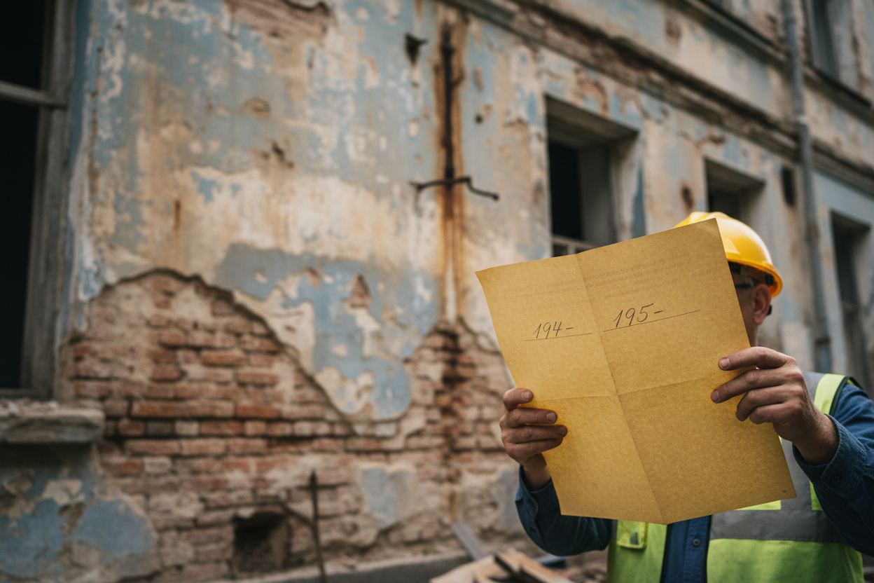 Inspection d'un permis de construire ancien devant une façade vétuste pour évaluer les risques amiante et plomb.