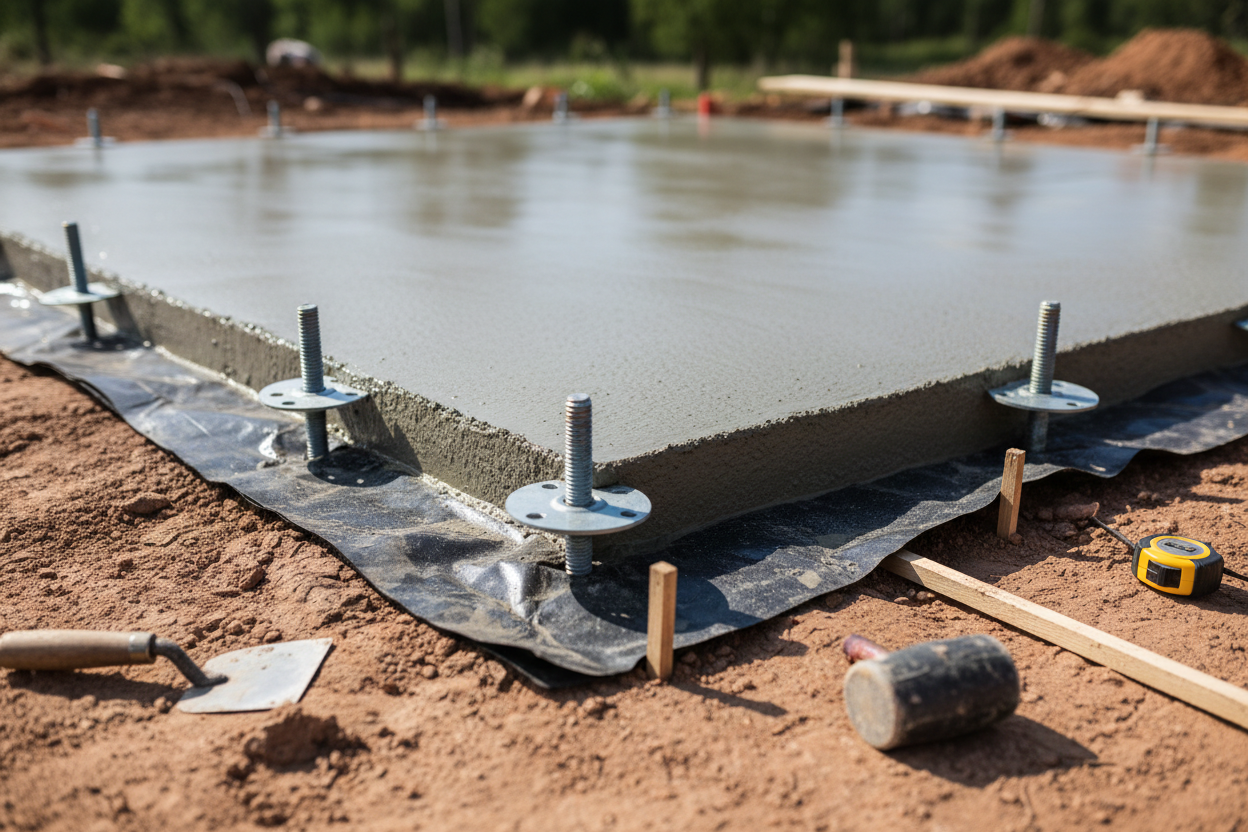 Dalle béton et plots réglables pour fondations de chalet en bois, avec membrane d'étanchéité anti-humidité au sol.