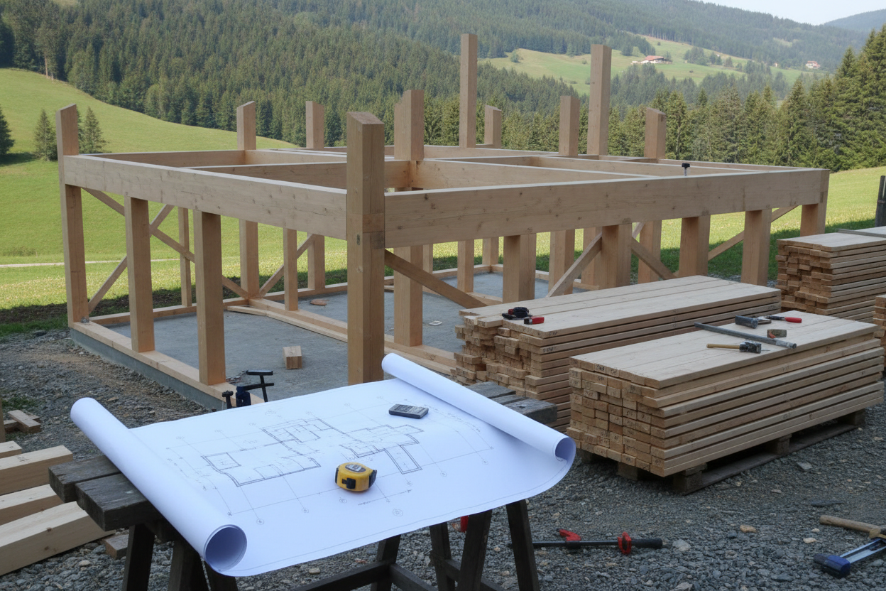 Chantier de montage d'un chalet en bois avec ossature en cours d'assemblage et plans de construction au premier plan.