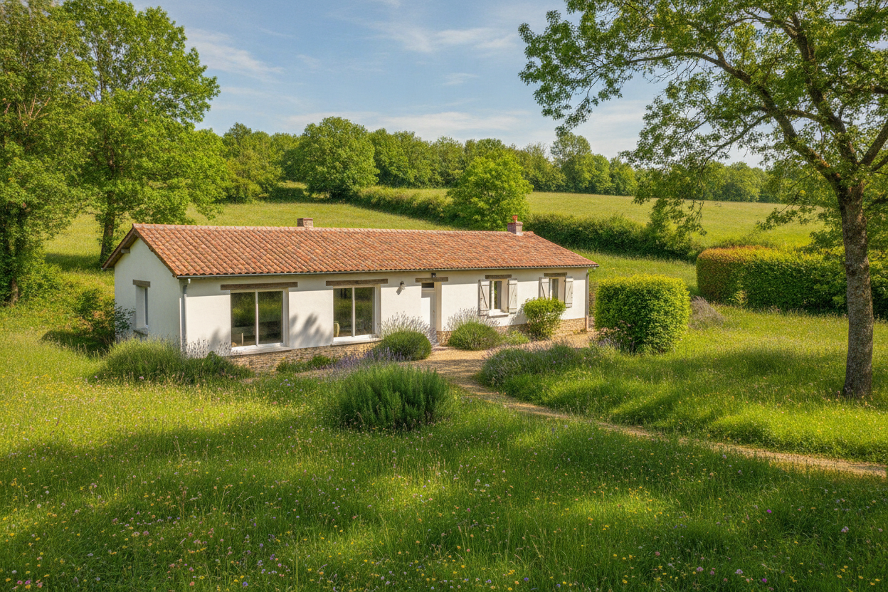 Maison de plain-pied vendéenne orientée plein sud, intégrée dans un paysage de bocage verdoyant.