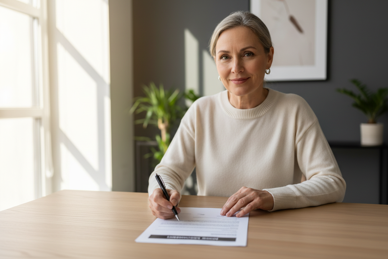 Une femme sereine signe un contrat de prêt immobilier sans questionnaire médical grâce à la loi Lemoine.