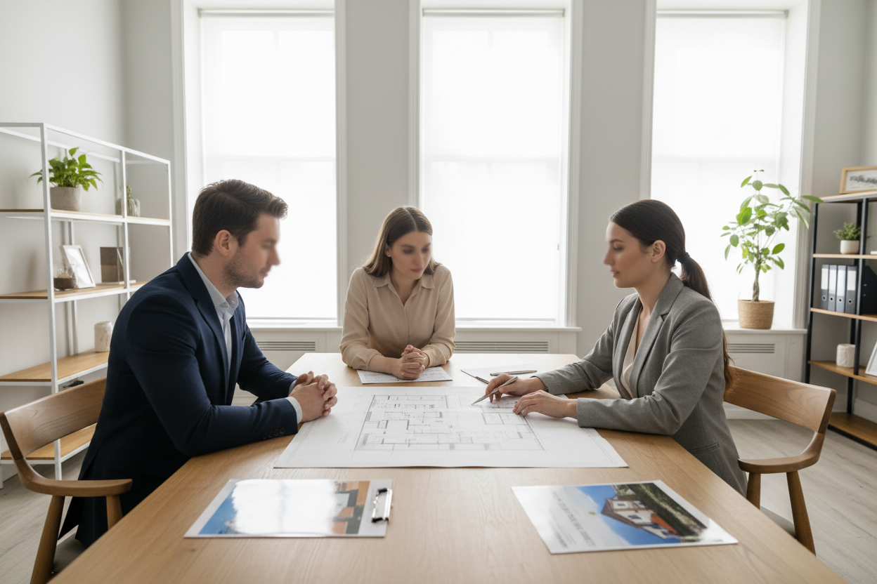 Un conseiller immobilier guide un couple dans la sélection de biens adaptés à leur projet de vie en Haute-Vienne.