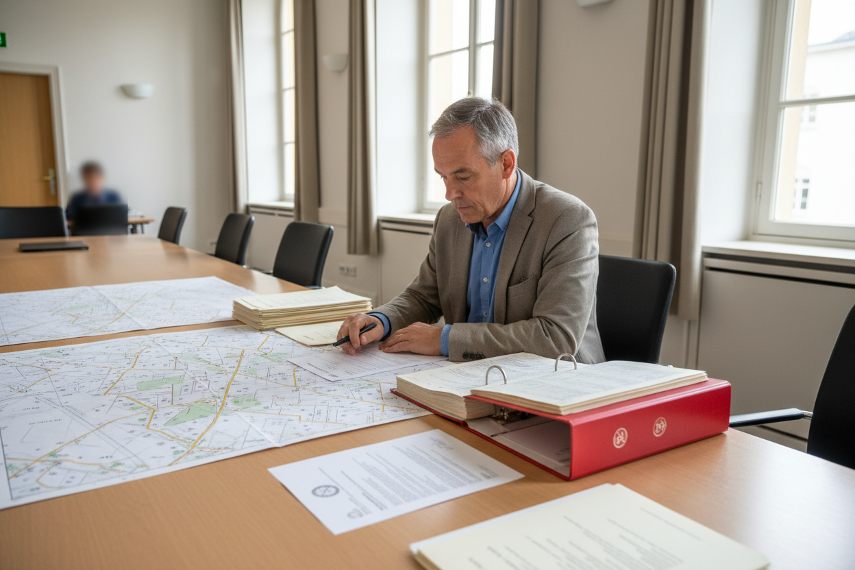 Un fonctionnaire examine des plans cadastraux et documents administratifs officiels lors d'une procédure d'enquête publique en mairie.
