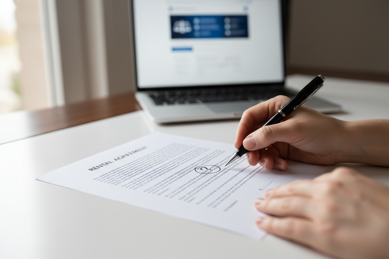 Des mains annotant un contrat de location imprimé pour détecter les clauses abusives avant signature.