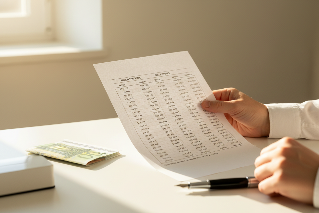 Mains tenant un relevé financier illustrant l'impact de la fiscalité sur le rendement net d'une épargne.
