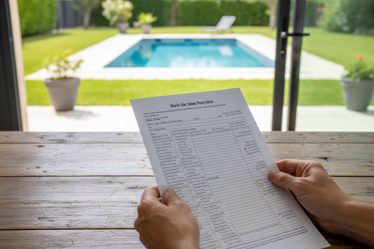 Document de taxe foncière en premier plan avec une piscine enterrée visible en arrière-plan dans un jardin.