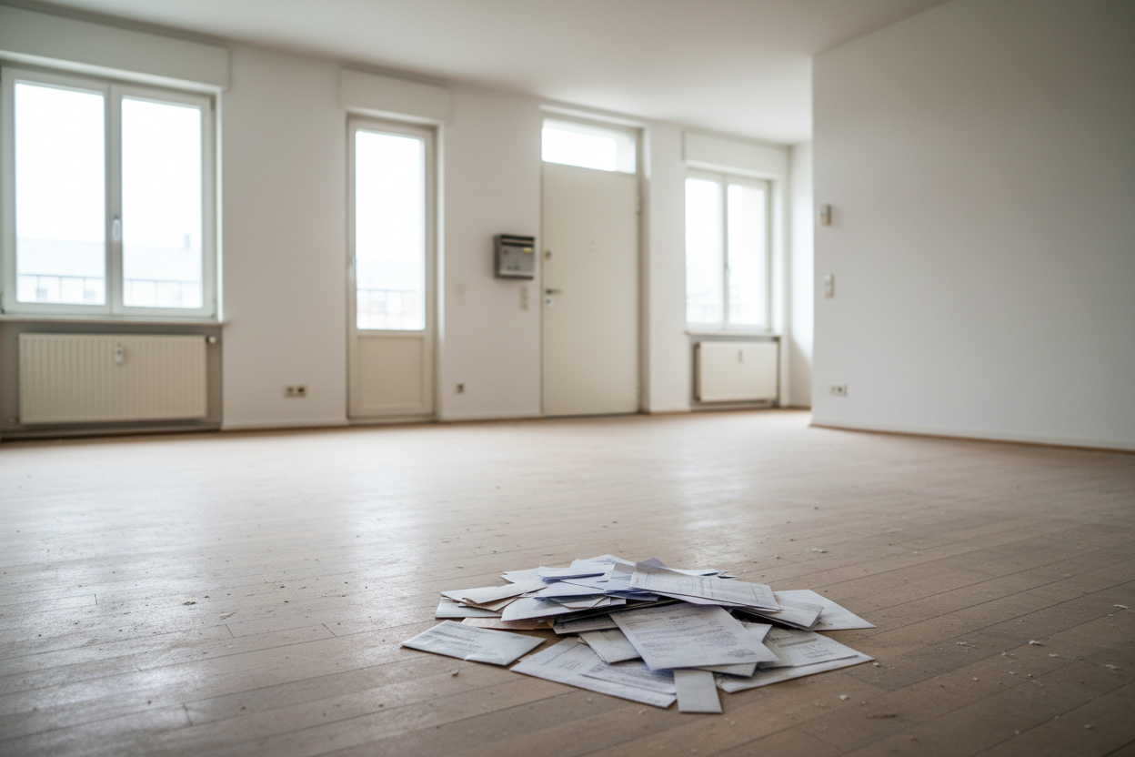 Appartement vacant avec courriers administratifs au sol, illustrant les cas d'exonération de la TEOM.